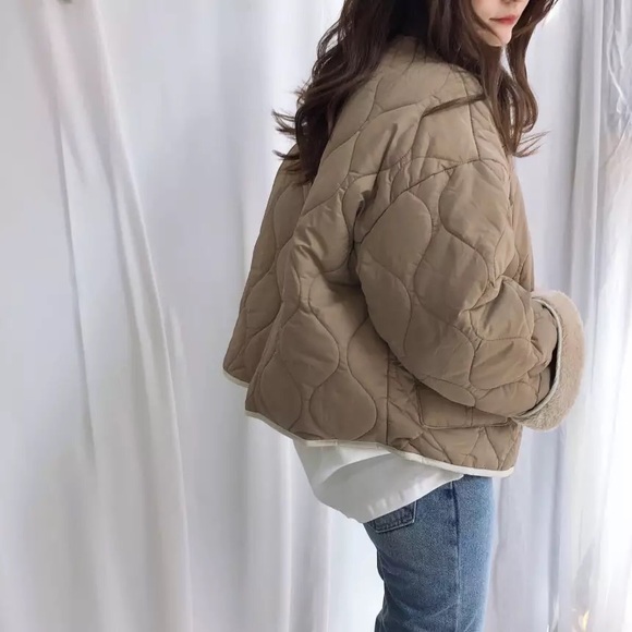 Coat jacket reversible cozy khaki beige tan pocket quilted puff women’s Teddy - Picture 4 of 13
